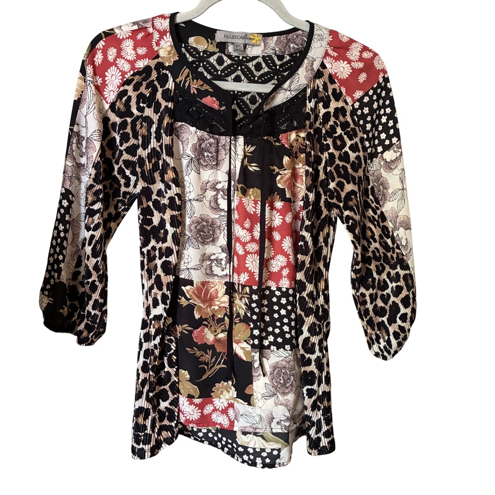 Figueroa & Flower Anthropologie Patchwork Blouse Womens PS Floral Animal Print